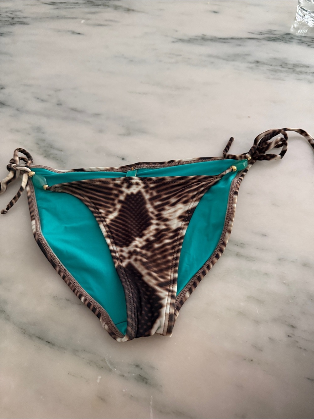 Vix Brown Snake Print Tie-Side Bikini Bottom full cut with Turquoise Lining
